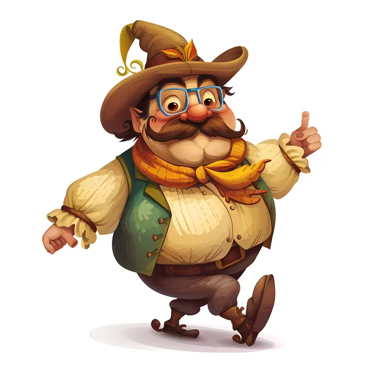 Cartoon Man in Hat and Vest Walking Happily