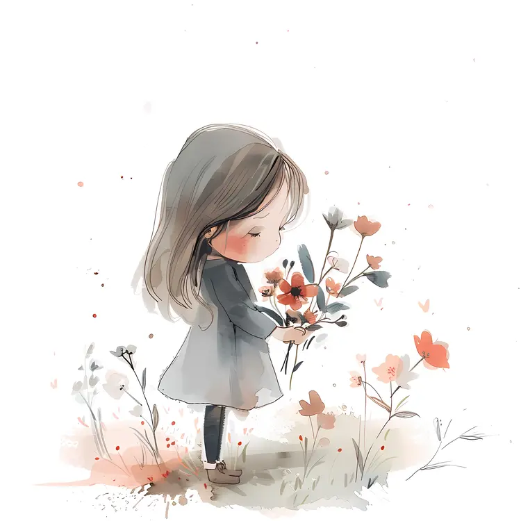 Cute Girl Holding Flowers in Watercolor Style