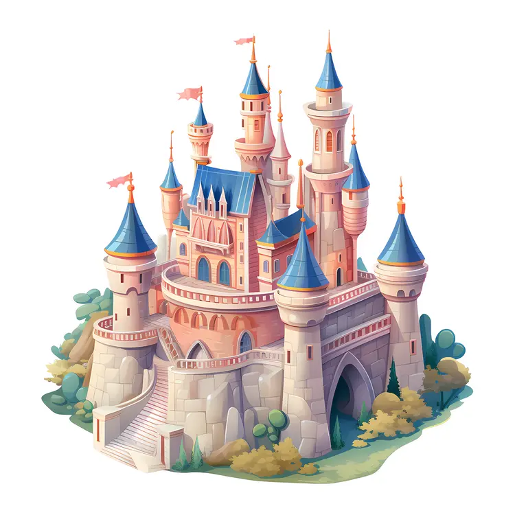 White Fantasy Castle with Turrets and Flags