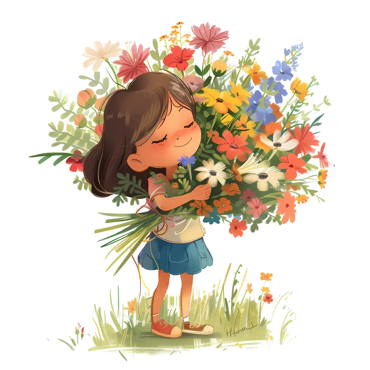 Cute Girl Holding a Large Bouquet of Flowers