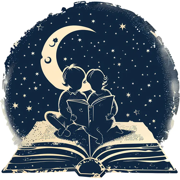 Children Reading a Book Under the Moon