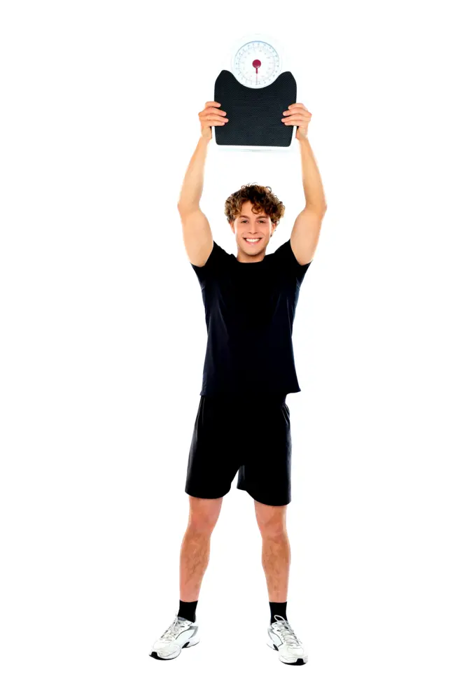 Man Holding Scale Above Head