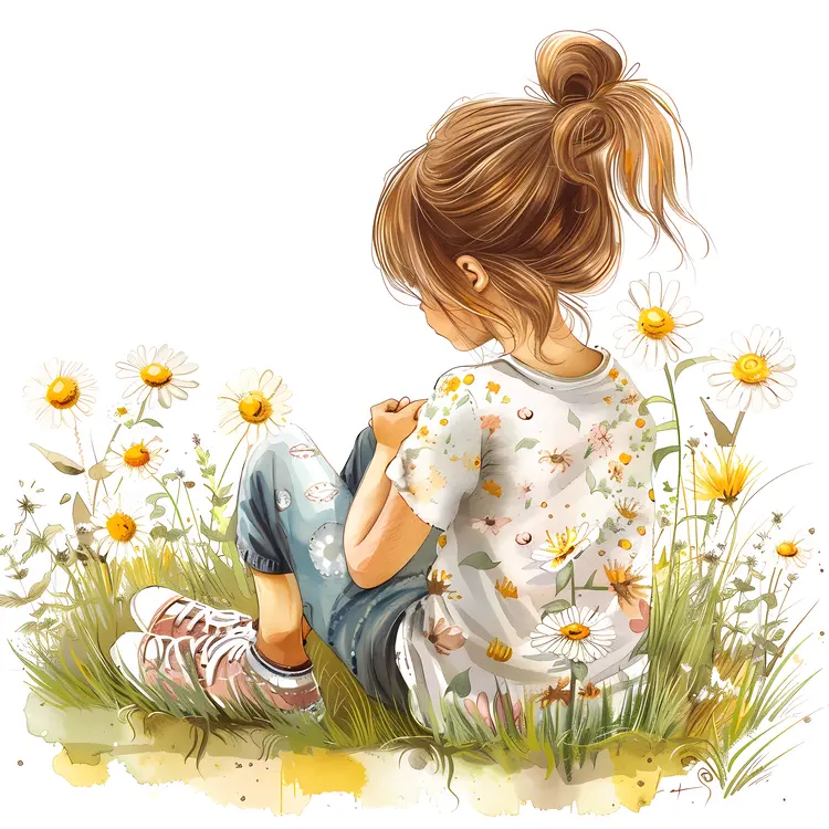 Girl Sitting in a Field of Daisies