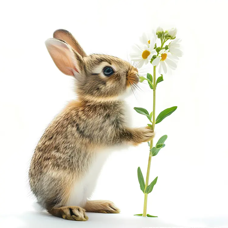 Cute Bunny Holding a White Flower