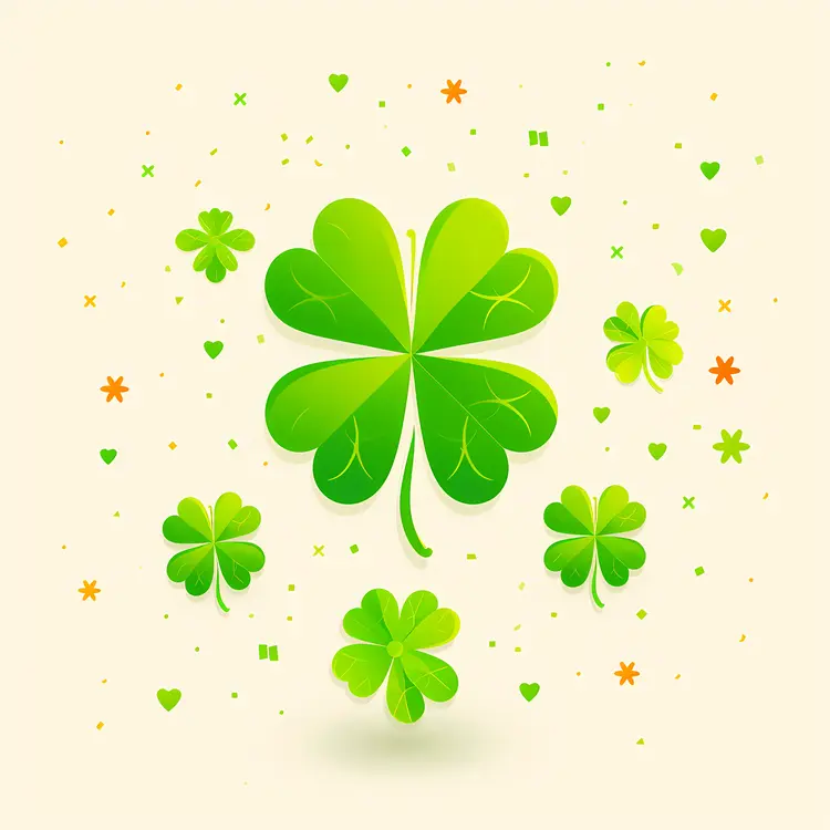 Green Four-Leaf Clover with Confetti