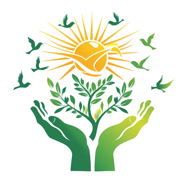 Hands Holding Tree with Sun and Birds