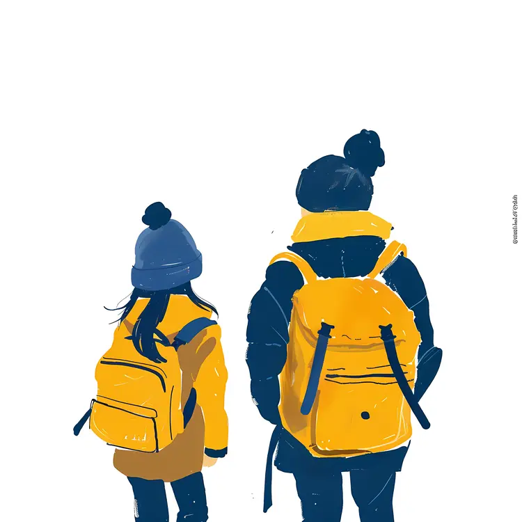 Two Children with Backpacks in Winter