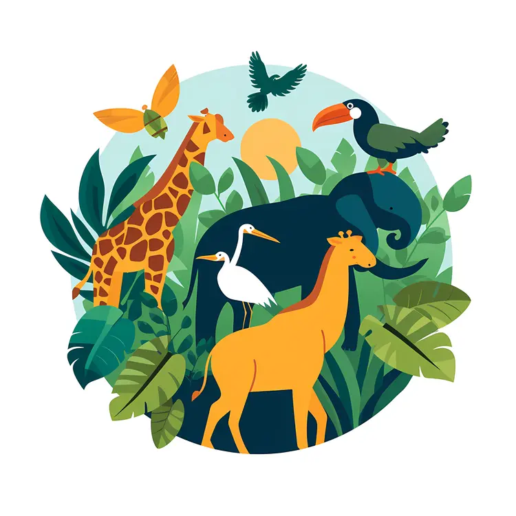 Giraffe and Birds in a Tropical Jungle