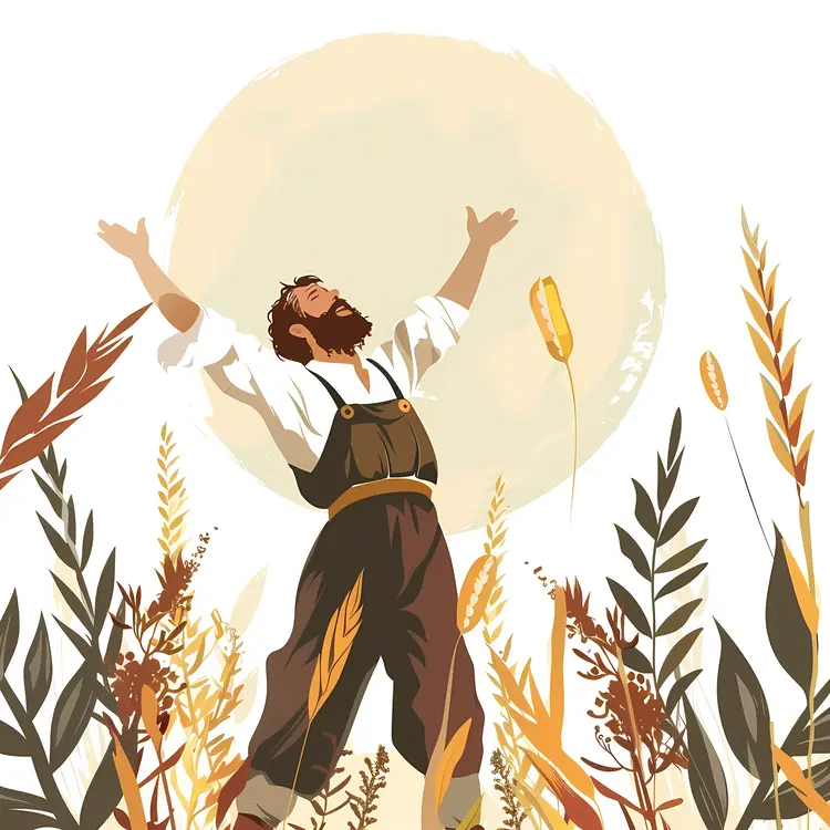 Farmer in Field with Arms Raised
