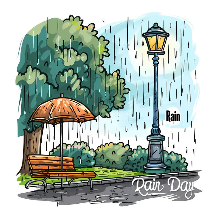 Rainy Day Bench with Umbrella Illustration