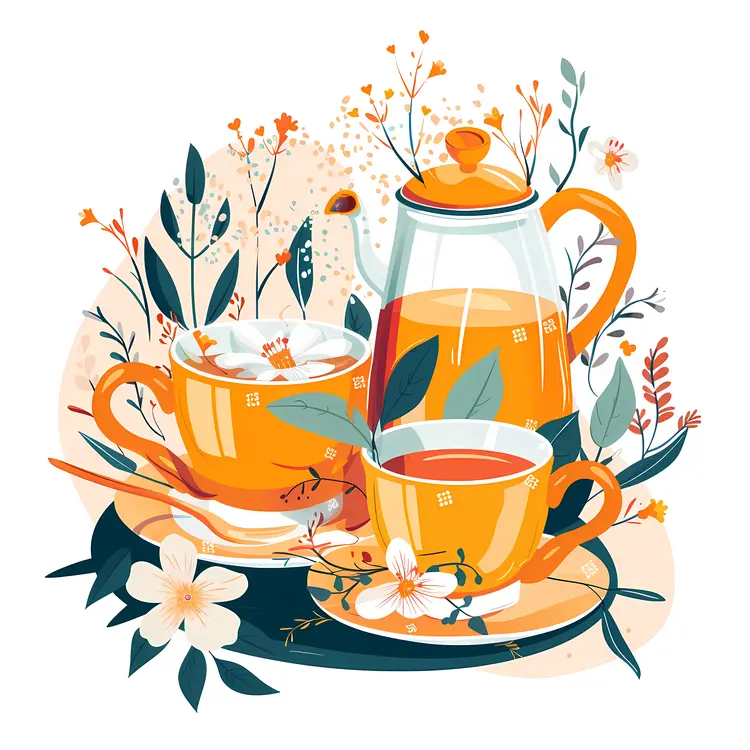 Tea Set with Flowers and Leaves