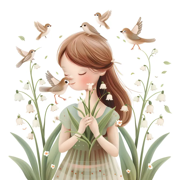 Girl Holding Flowers with Birds