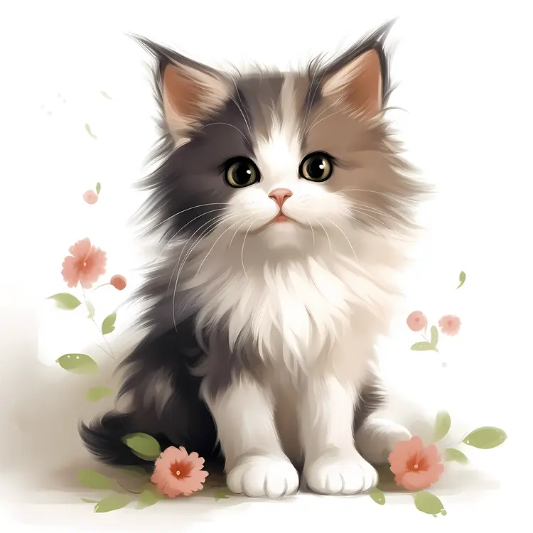 Fluffy Kitten with Flowers