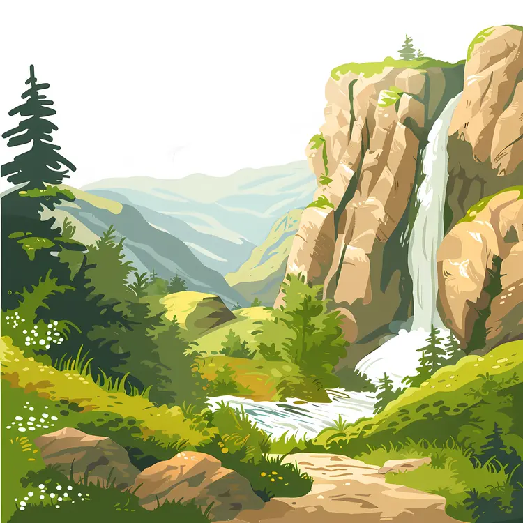 Mountain Landscape with Waterfall and Trees