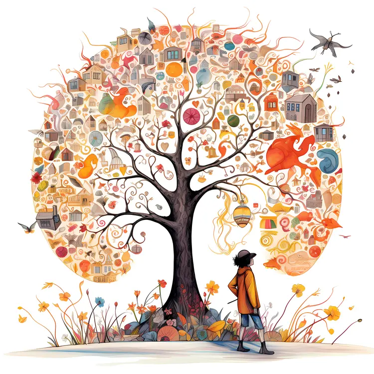 Imaginative Tree with Various Objects and a Person