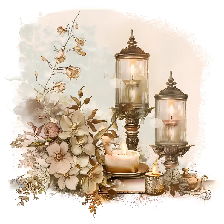 Vintage Candles and Flowers Still Life