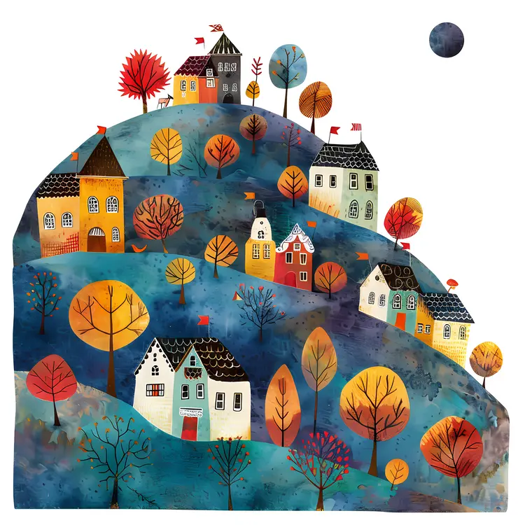 Colorful Doodle Houses on a Hill in Autumn