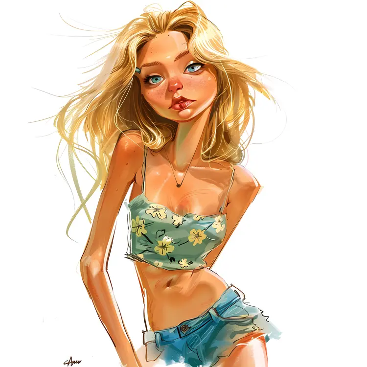 Blonde Girl in Floral Top Illustration