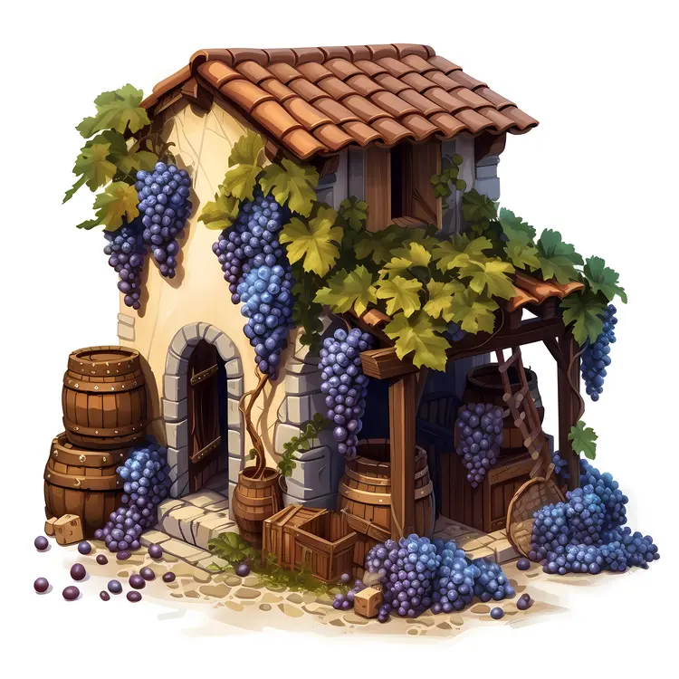 Cottage with Grapes and Barrels