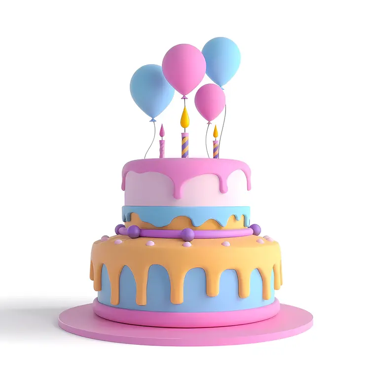 Colorful Birthday Cake with Balloons and Candles