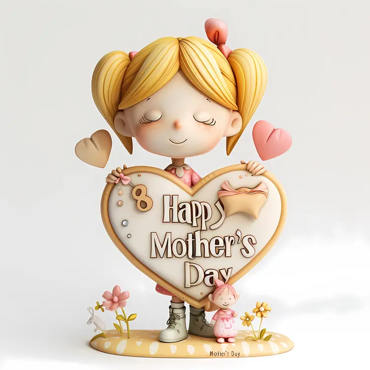 Cute Girl Holding Happy Mother's Day Heart Sign