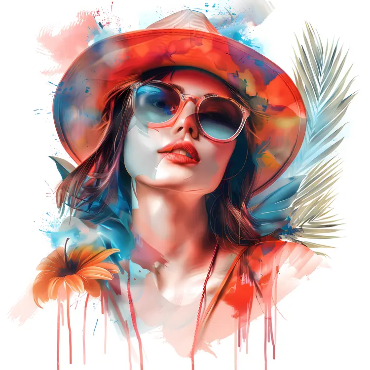 Woman with Hat and Sunglasses in Floral Illustration