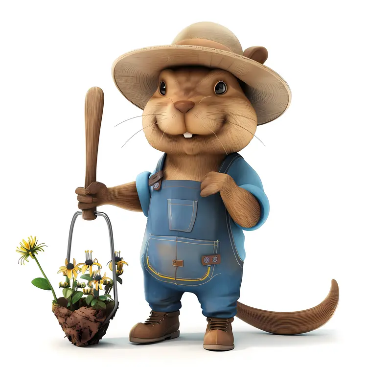 Cute Beaver Gardener with Flowers