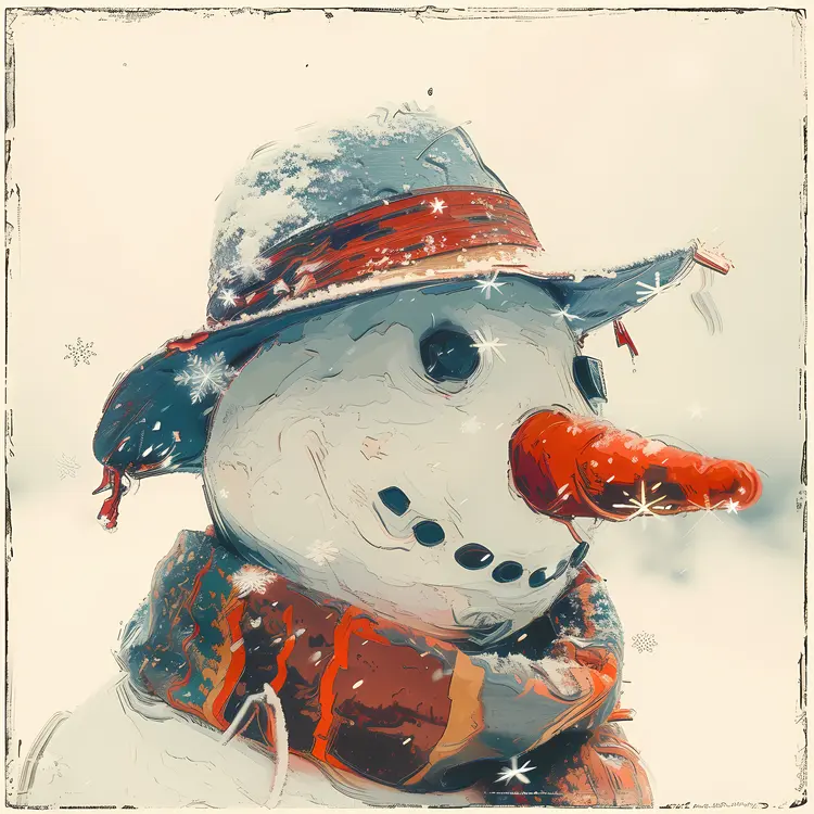 Snowman with Hat and Scarf in Winter Wonderland