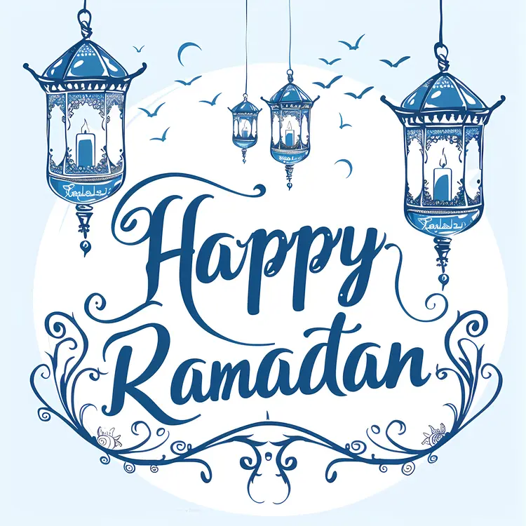 Happy Ramadan Greeting with Blue Lanterns