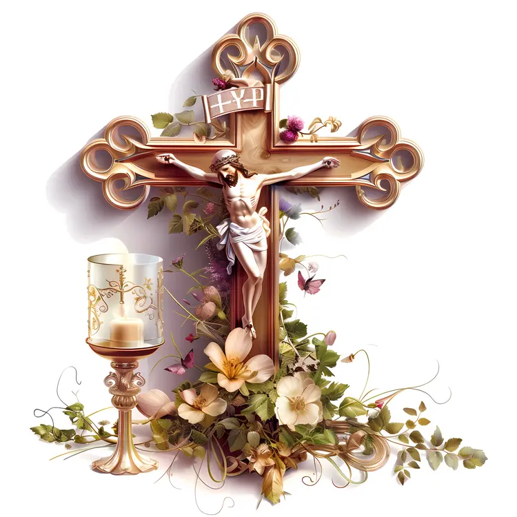 Crucifix with Flowers and Candle