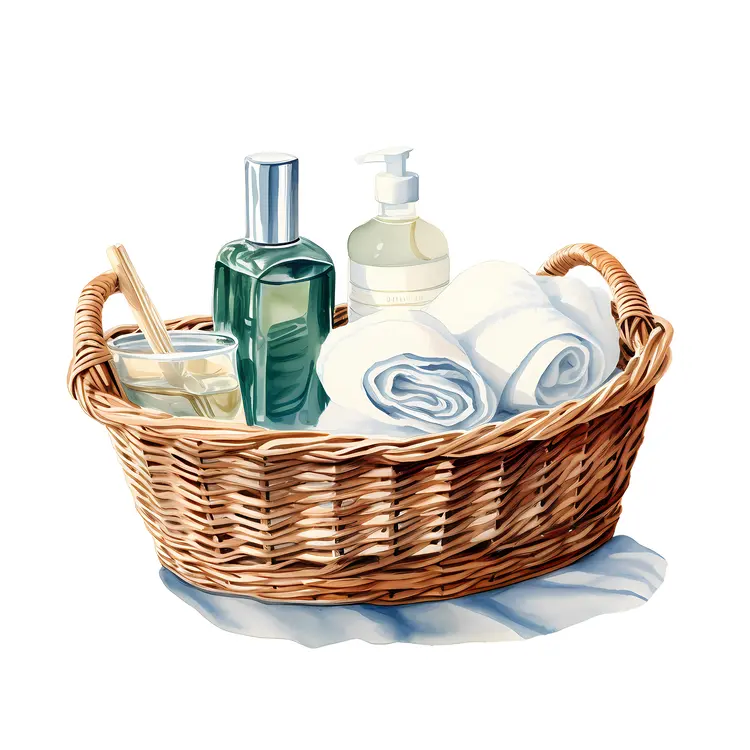 Bath Basket with Towels and Bottles