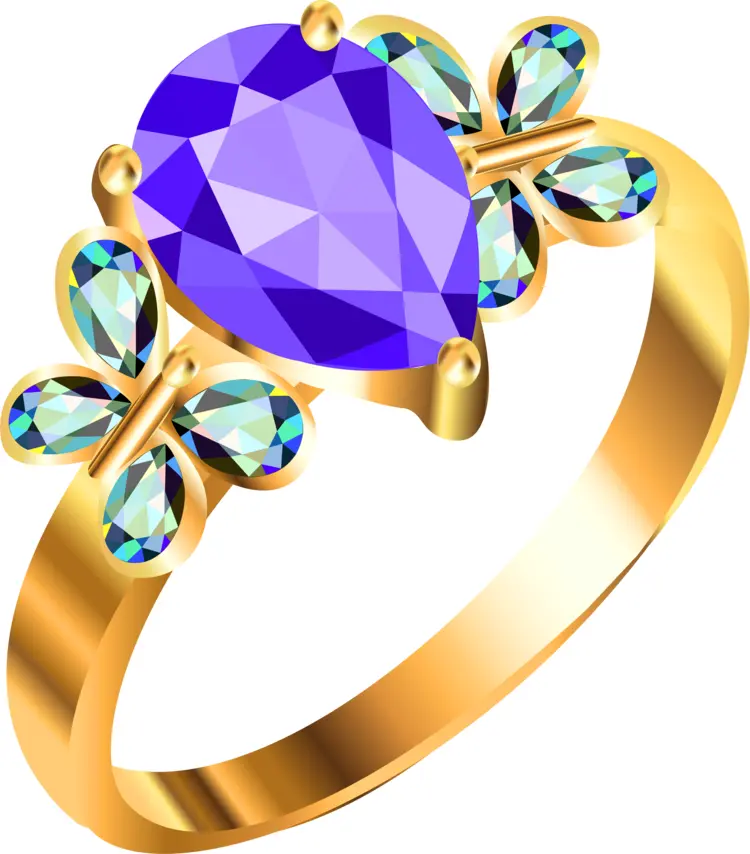 Gold Ring with Purple Gem and Butterfly Design