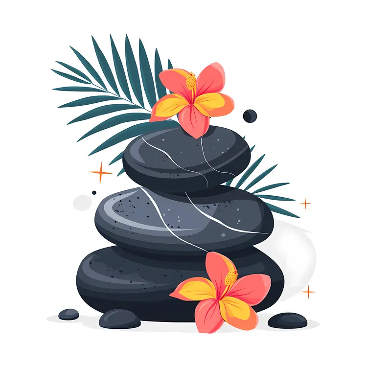 Zen Stacked Stones with Pink Flowers and Leaves