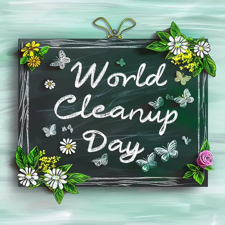 World Cleanup Day Chalkboard with Flowers and Butterflies