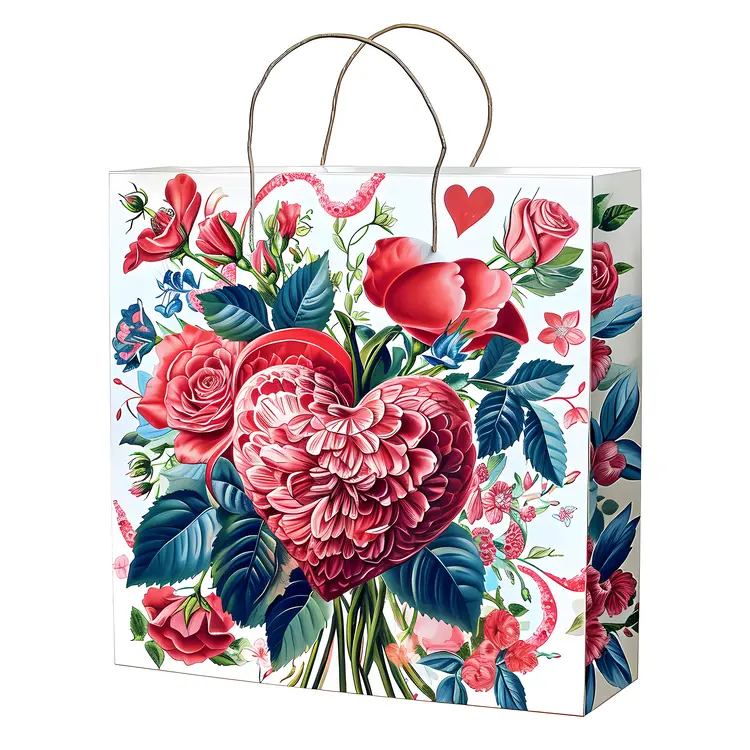 Floral Gift Bag with Heart and Flowers for Valentine's Day