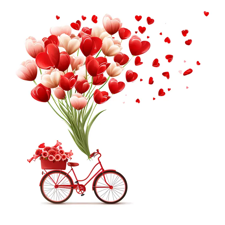 Bicycle with Heart Balloons and Flowers