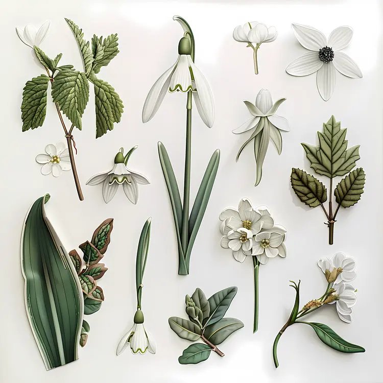 Various Snowdrop Flowers and Leaves
