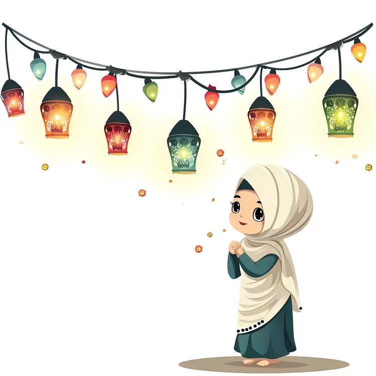 Cute Girl with Festive Lanterns for Ramadan
