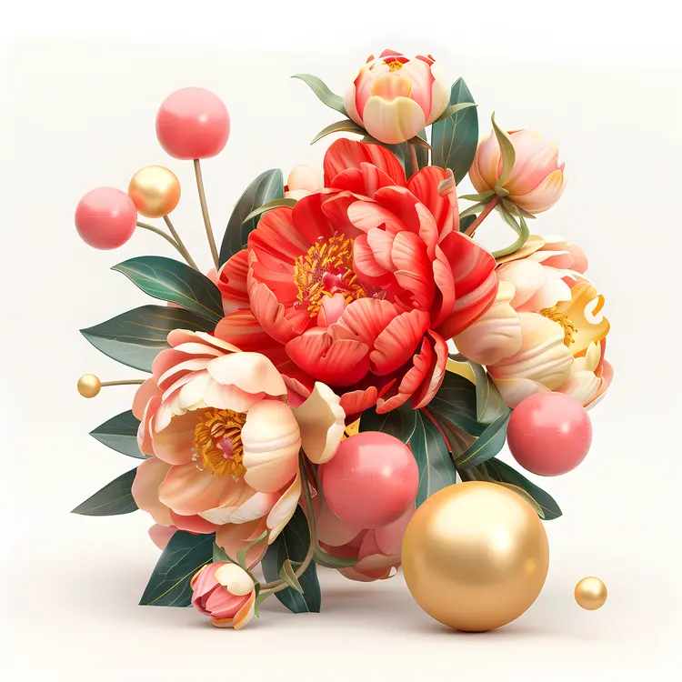 Red and Pink Peonies with Decorative Balls