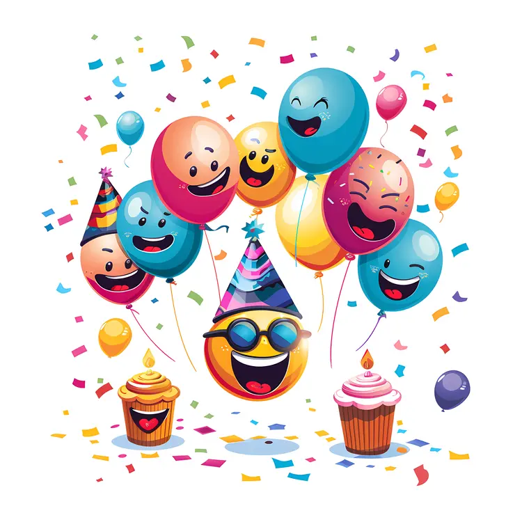 Colorful Smiley Balloons with Party Hats and Cupcakes