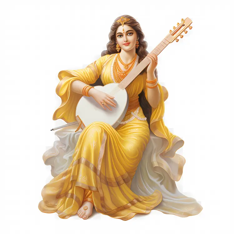 Goddess Playing Veena in Yellow Attire