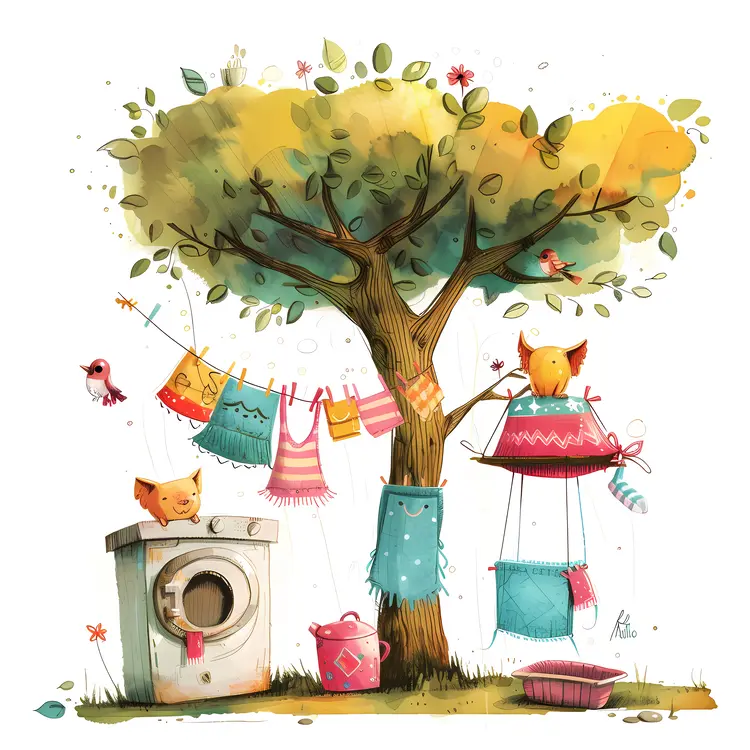 Laundry Setup Under Tree with Washing Machine and Clothesline