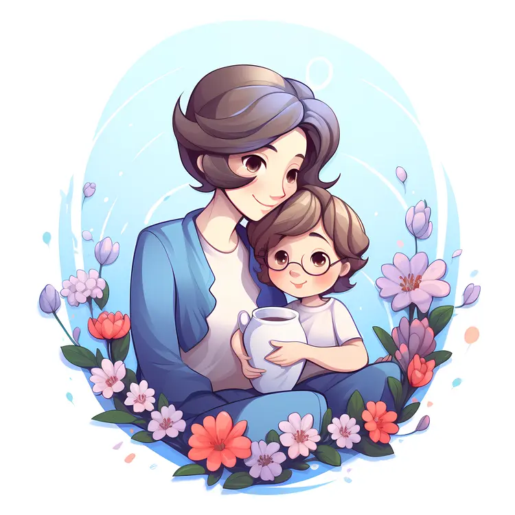 Mother and Child with Coffee and Flowers