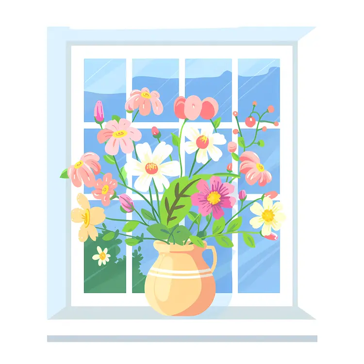 Illustrated Flower Vase with Colorful Flowers by the Window