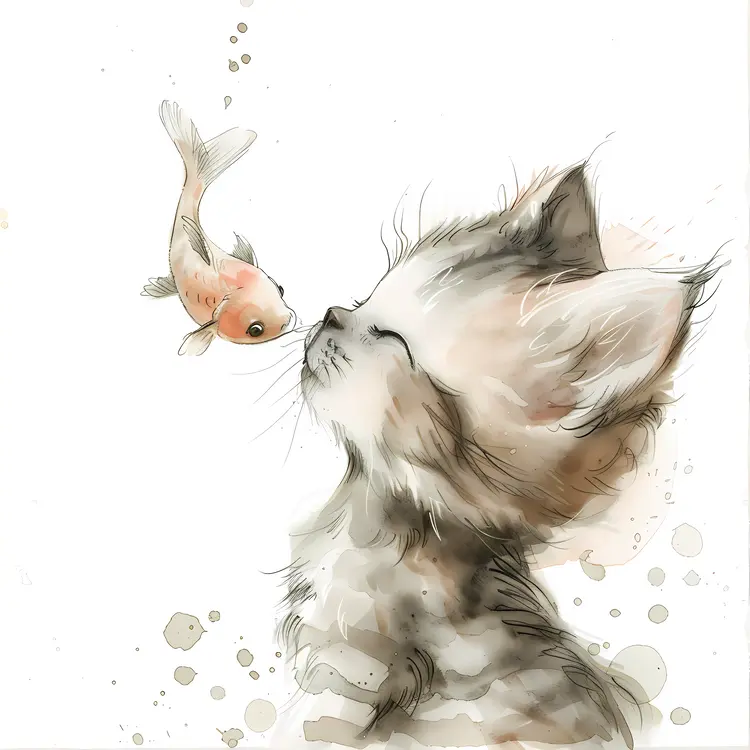 Kitten and Goldfish in Watercolor Style