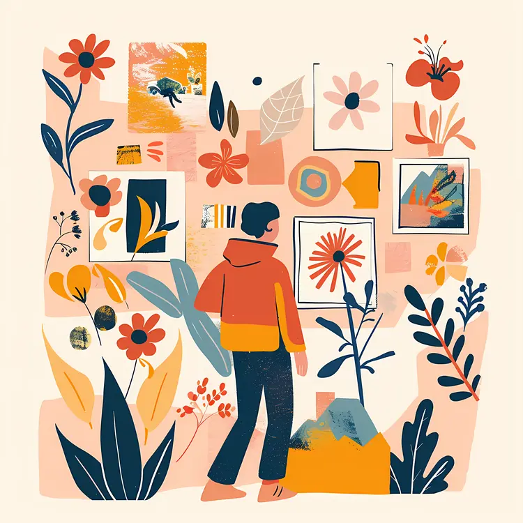 Person Exploring Art Gallery with Floral Paintings