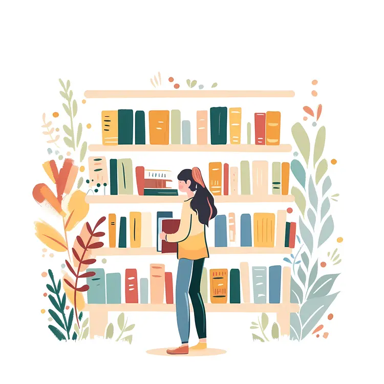 Woman Reading by Colorful Bookshelf