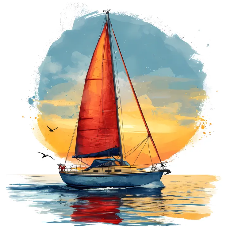 Sailboat with Red Sail at Sunset