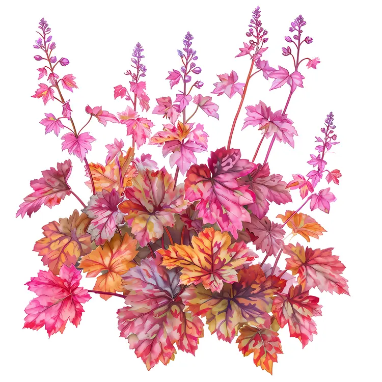 Heuchera Plant with Pink Flowers and Colorful Leaves