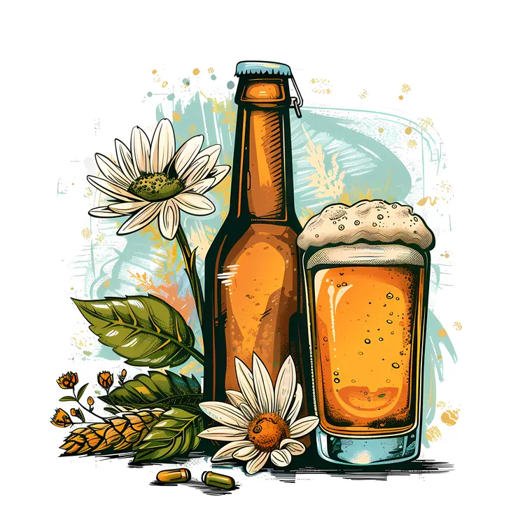 Beer Bottle and Glass with Flowers
